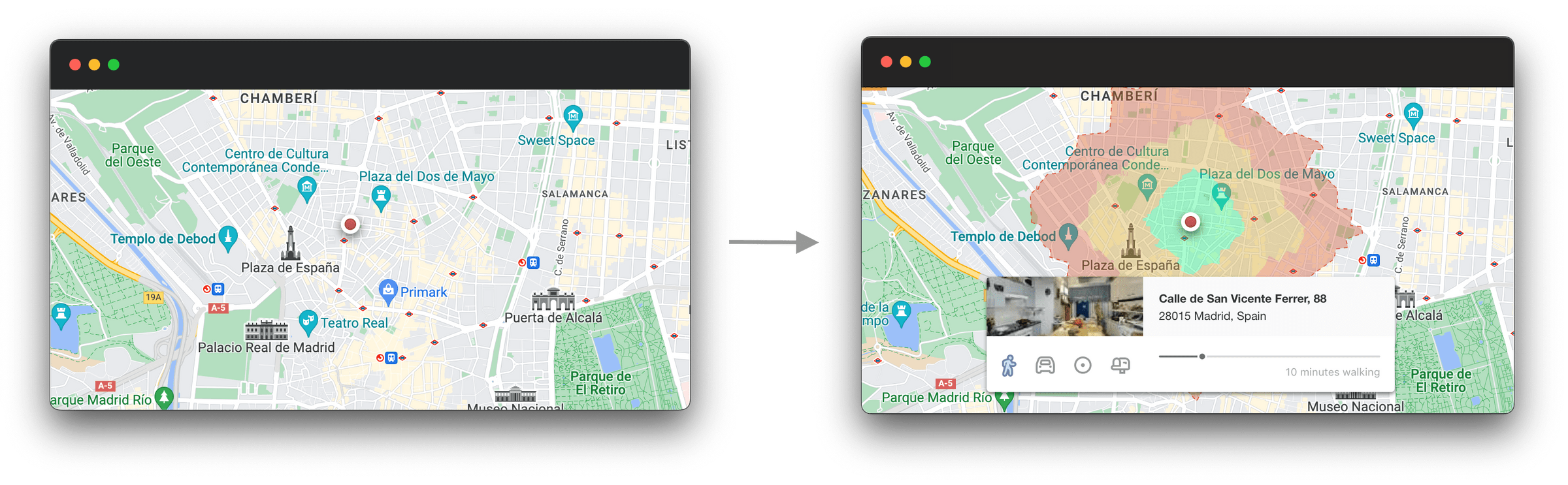New simplified user flow showing a single click creating a catchment area with instant visual feedback on the map