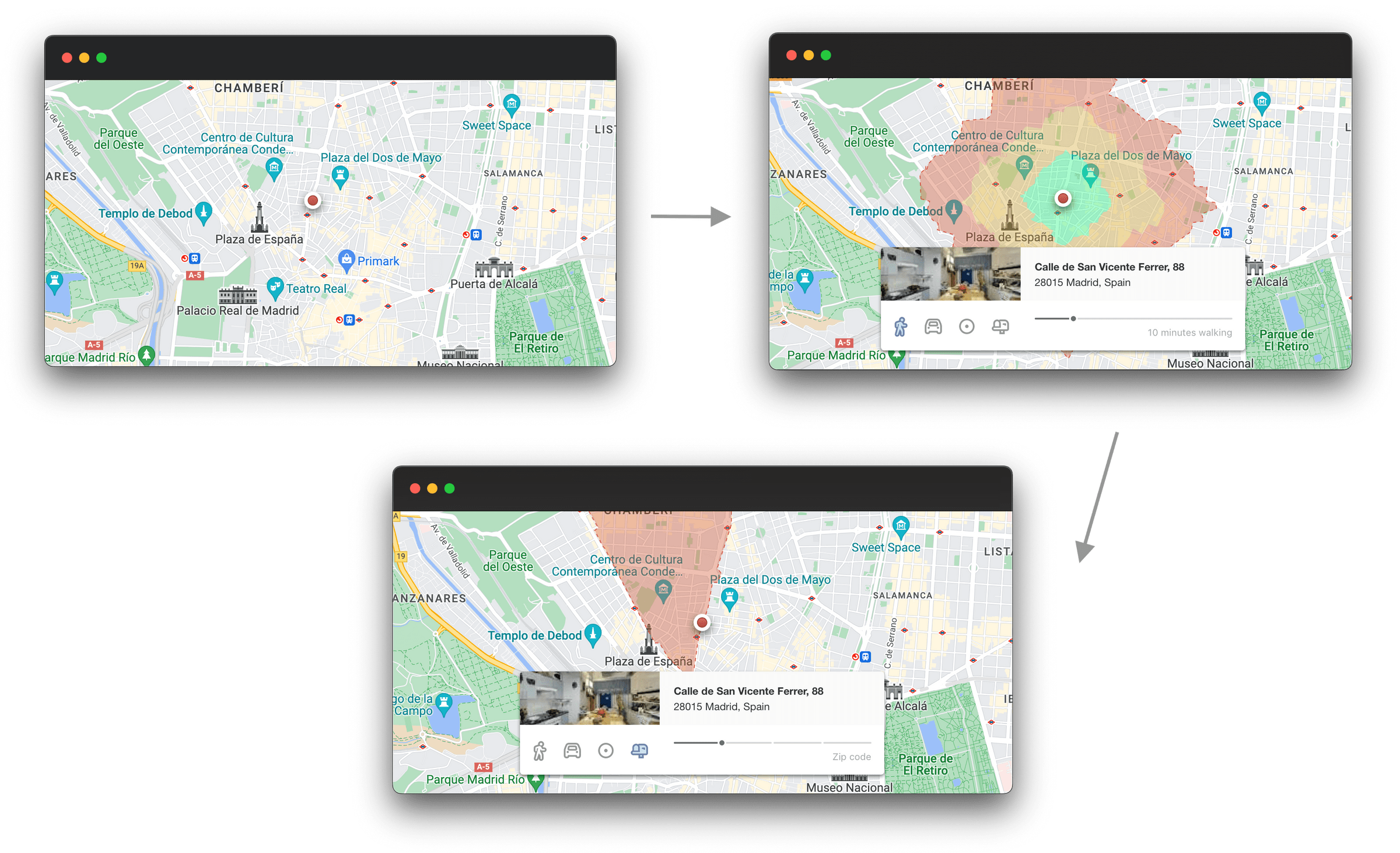 Side-by-side screenshots showing the new catchment area feature in its default state and after creating a 10-minute walking area