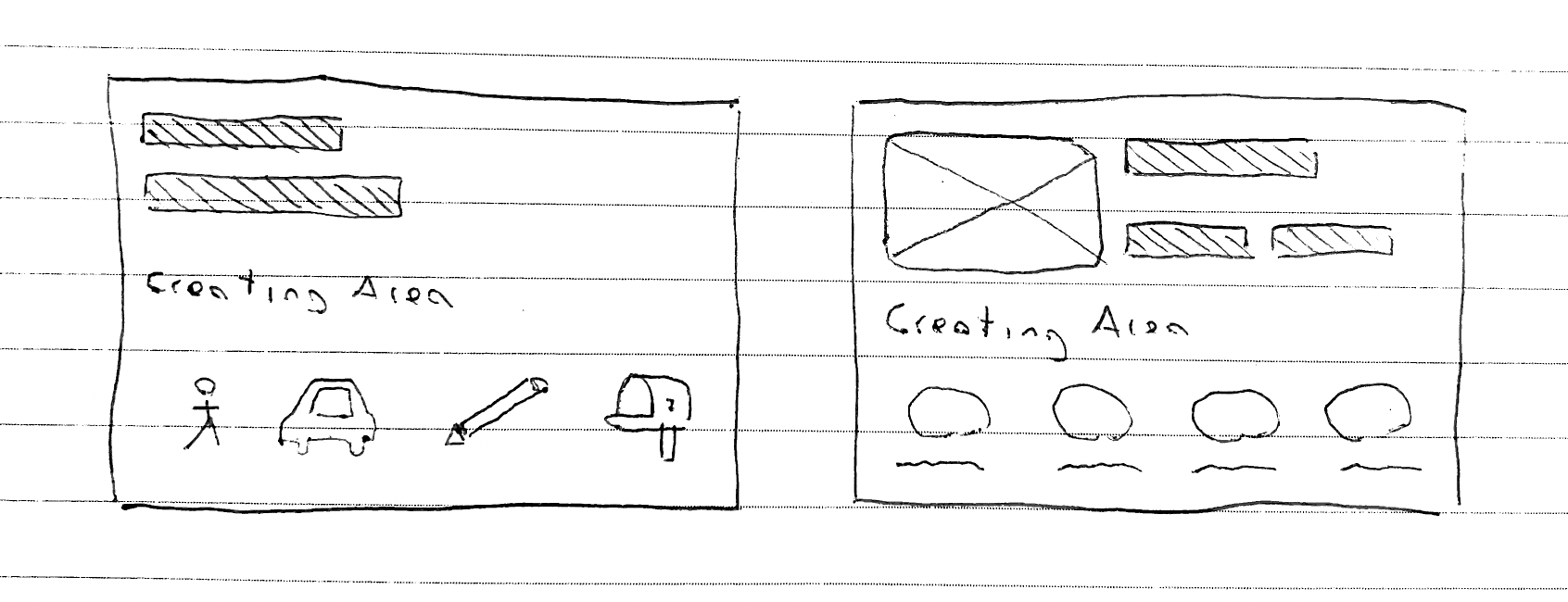 Paper sketches exploring the first proposal with geographic information and buttons for each area type