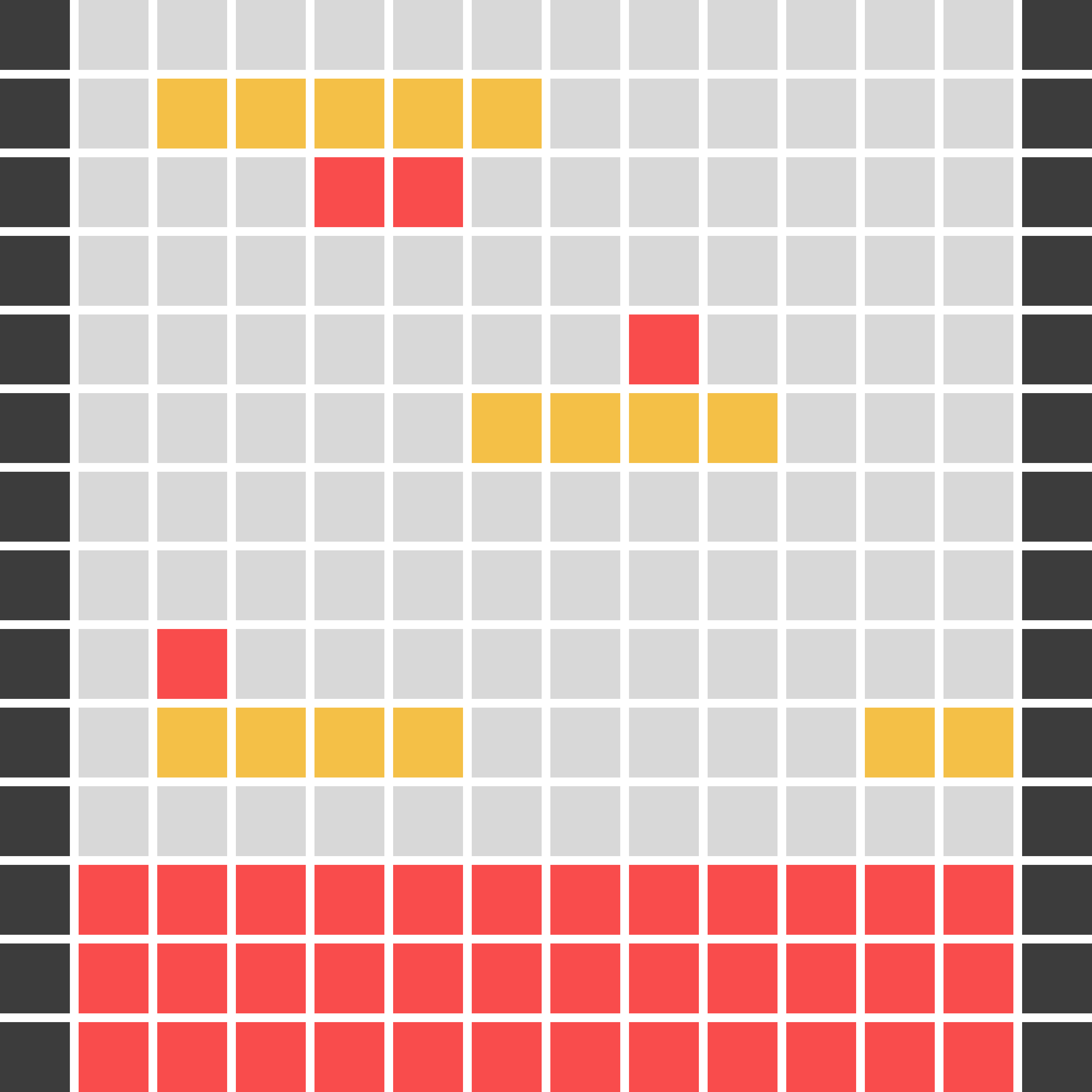 Very basic geometric prototype of the game showing colored rectangles as platforms