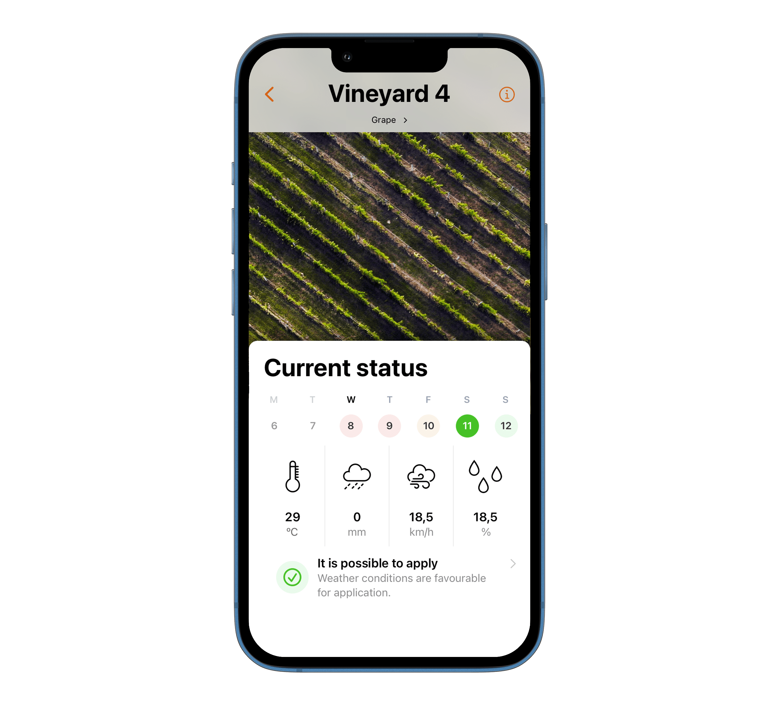 Visual app showing crop treatment status with weather conditions for a vineyard plot